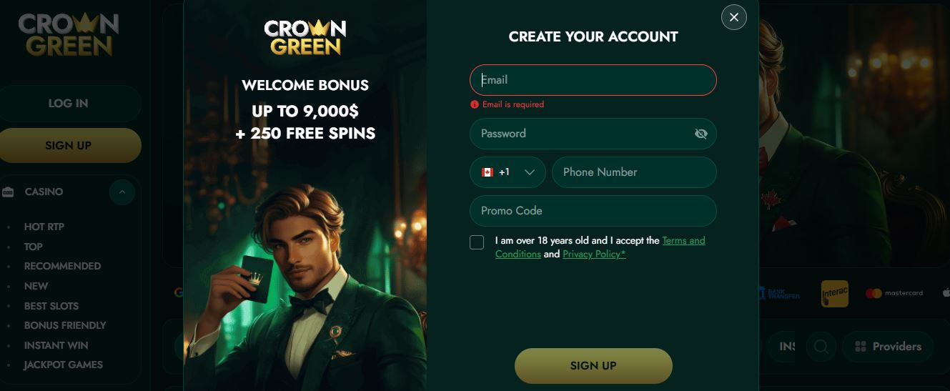 Register a new CrownGreen account and get welcome bonus up to 9000 dollars plus 250 free spins