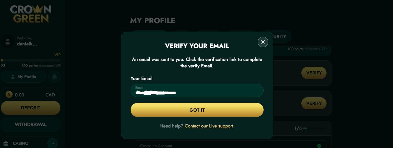 Confirm your email address to complete account verification at the casino