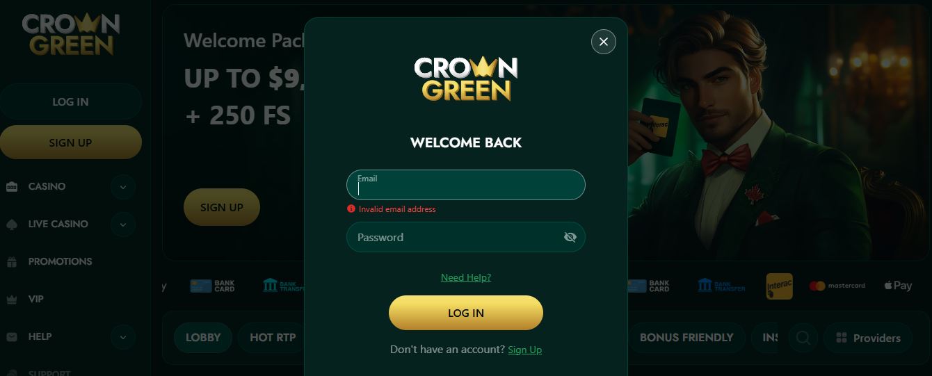 Log in to your CrownGreen account using your email and password