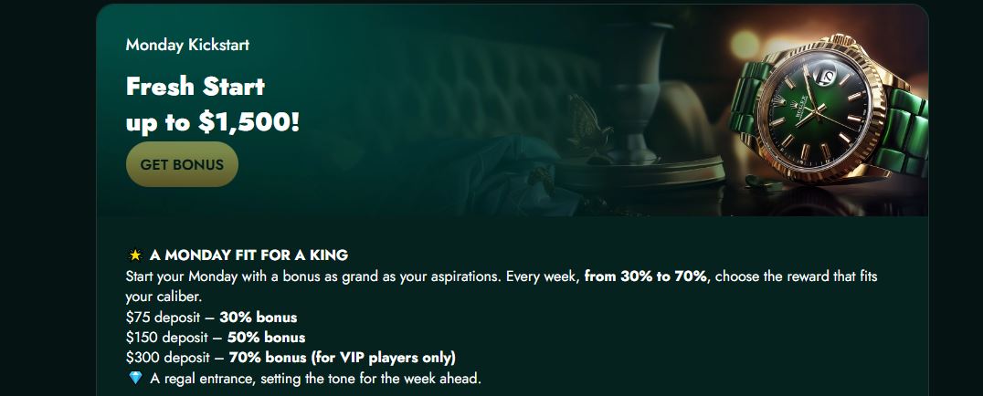Get Monday kickstart bonus from 30% to 70%