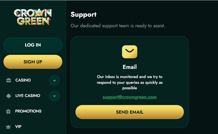 Contact support team via email at casino